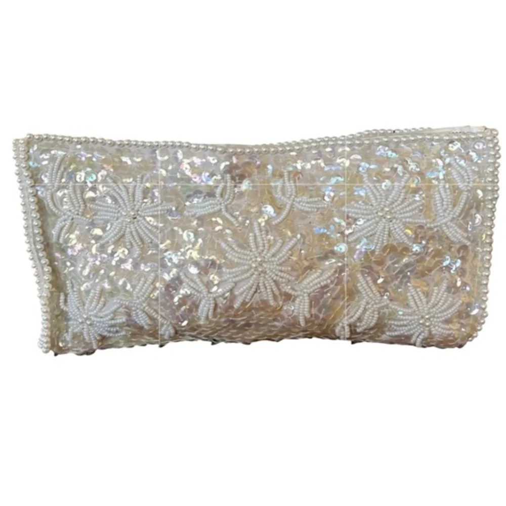 La Regale White w/Sequins & Beaded floral detail Clutch zip closure 8.5”Wx4.2”H